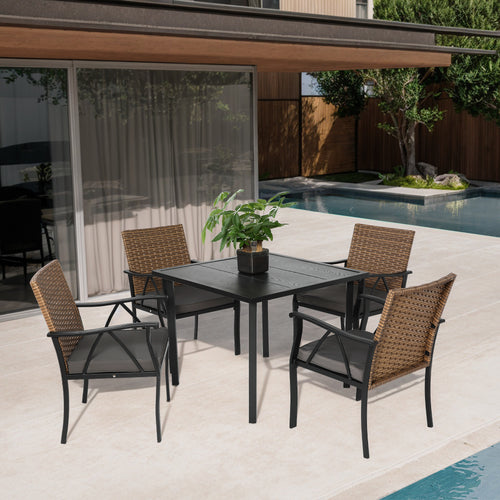 5-Piece Wicker Patio Dining Set Square Table Umbrella Hole