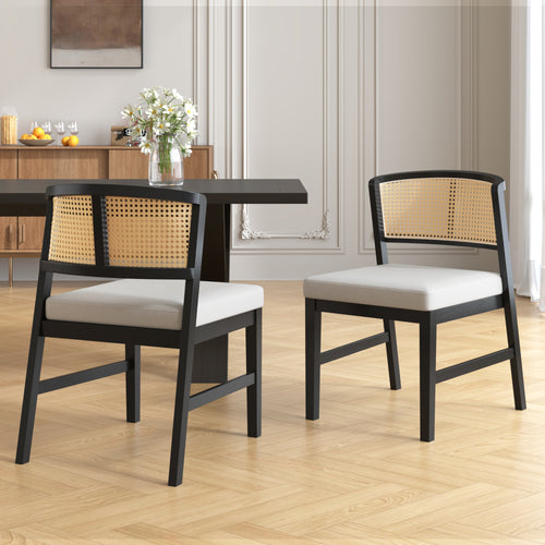 Rattan Dining Chairs Set of 2, Black Upholstered Kitchen