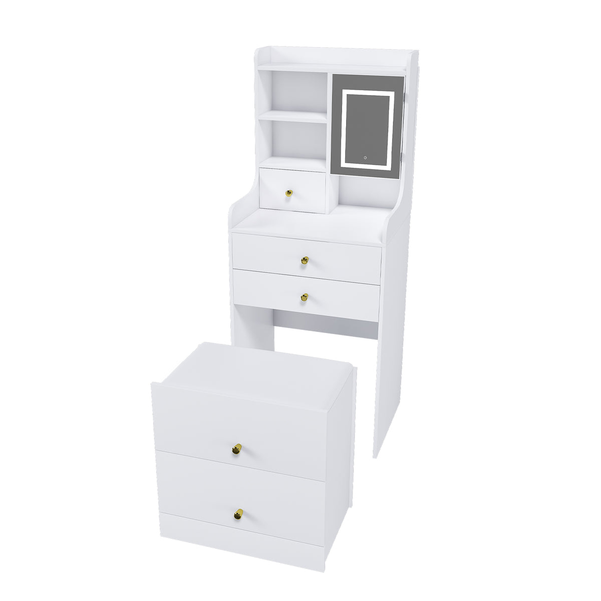 3-in-1 Dressing Table with LED Mirror & Storage Stool, Compact Makeup Vanity, Wh