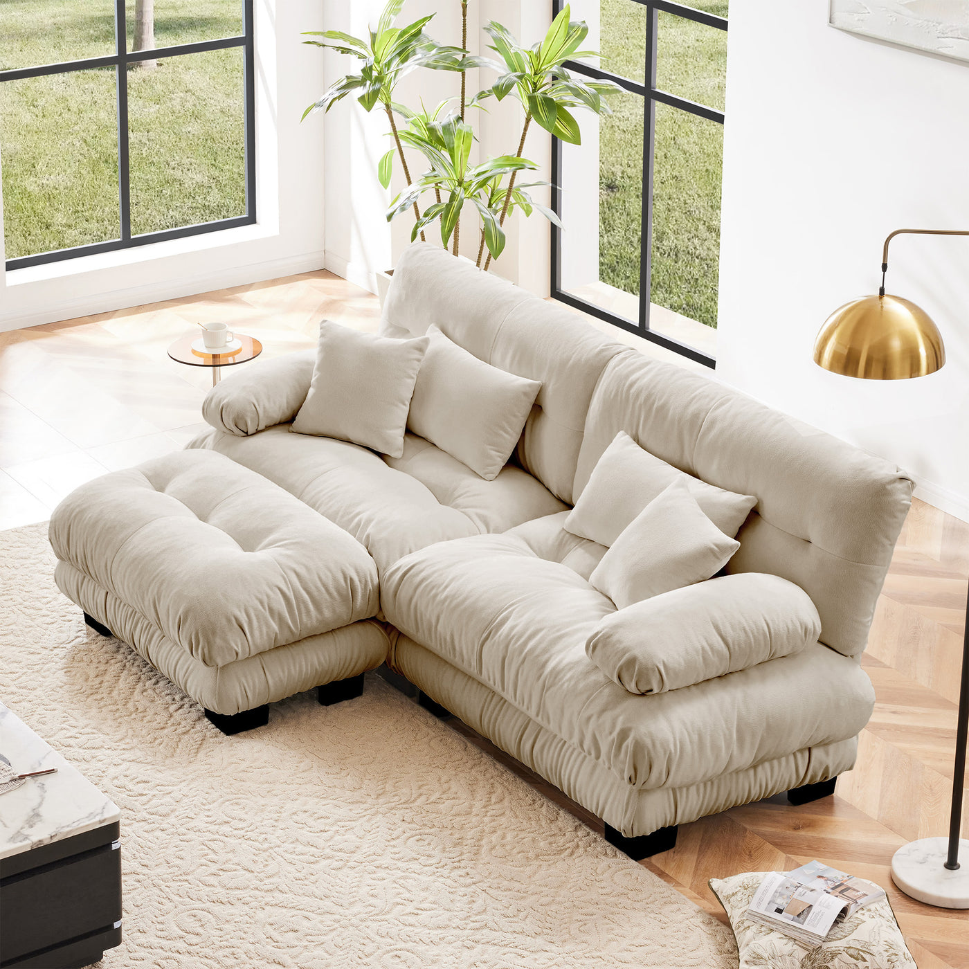 Sectional Sofa Cloud Style Chenille Light Coffee 2 Seat Convertible