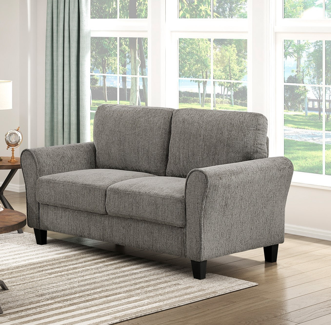 Brown Chenille Loveseat with Rolled Arms