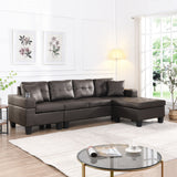 4-Seat Faux Leather Chaise Sofa with Chaise Dark Brown 96"