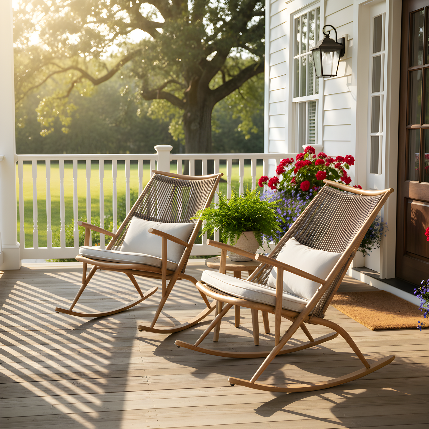 Iron Rocking Chairs Set of 2 Maple Finish Gray Rattan