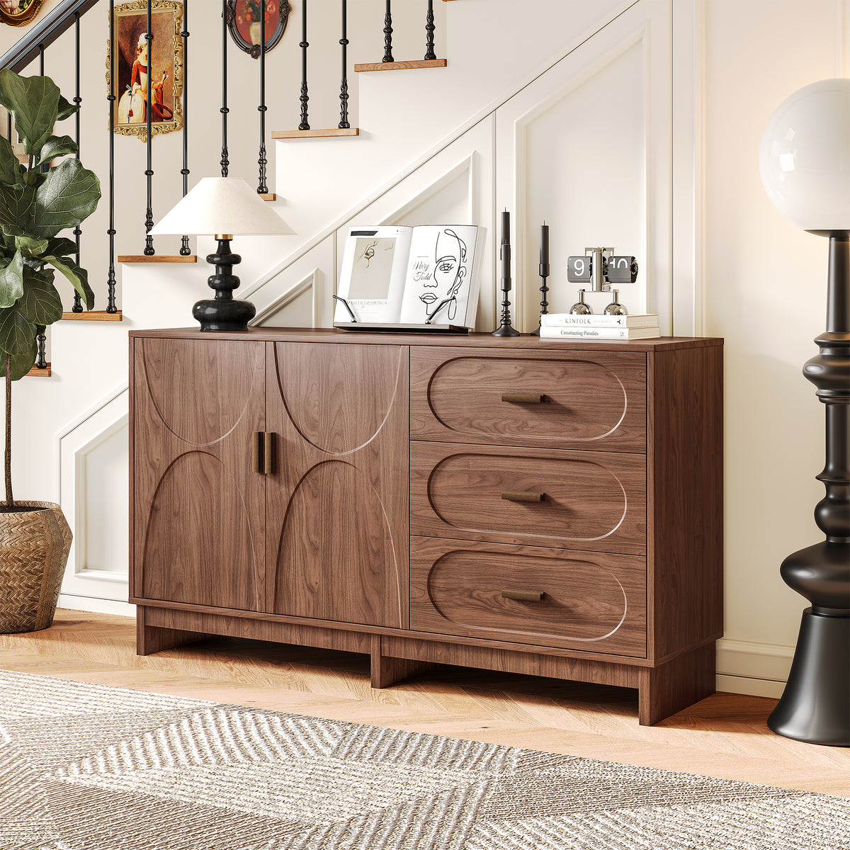 59.1" Buffet Sideboard with 2 Doors and 3 Drawers, Walnut Finish