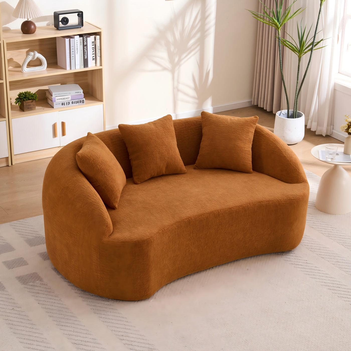 Orange Chenille 2-Seater Curved Loveseat with Pillows