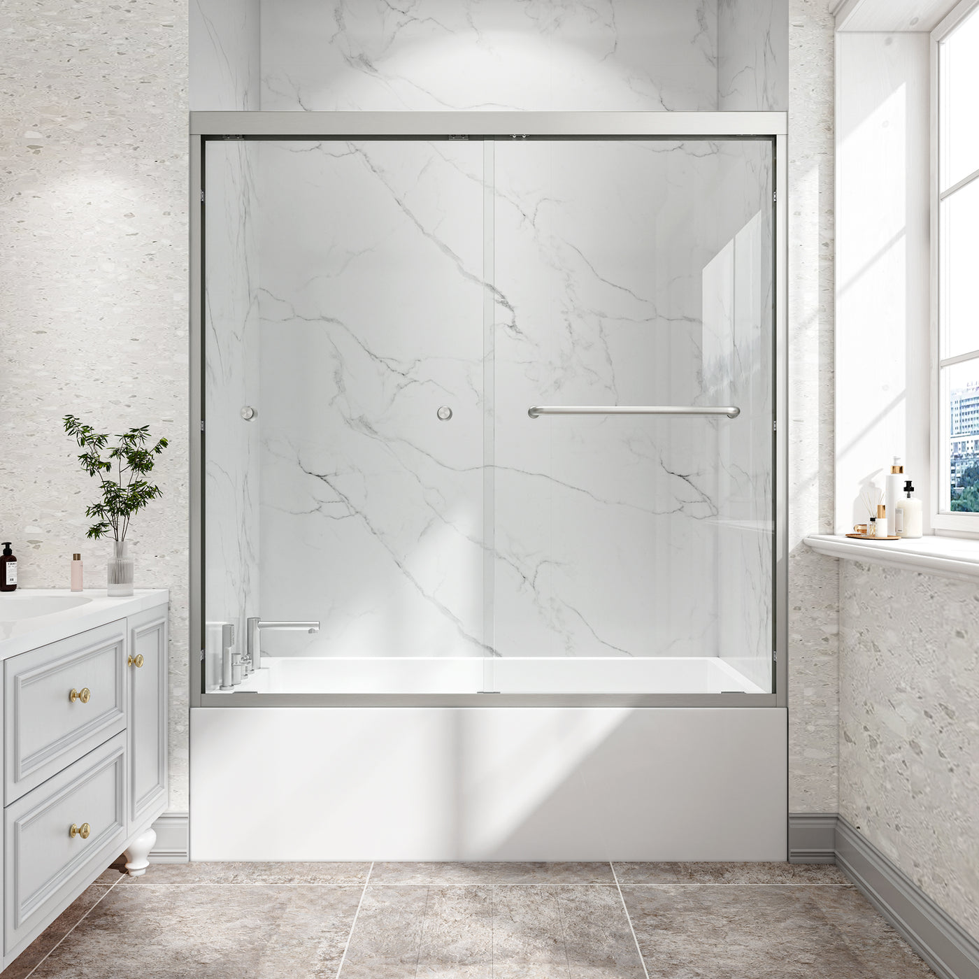 55"-60" W x 60" H Brushed Nickel Sliding Shower Door Tempered Glass