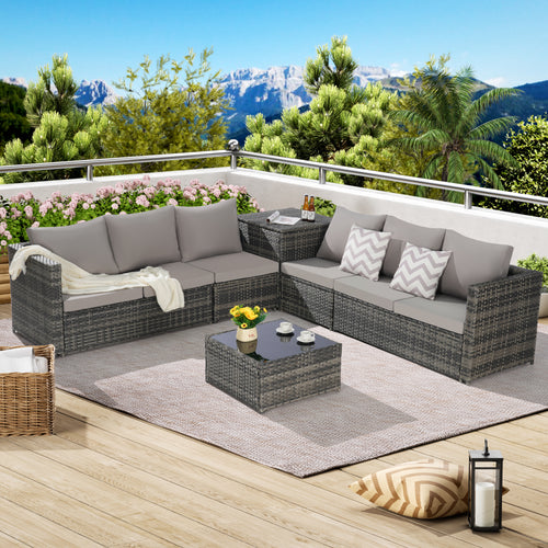 Outdoor Sectional Set PE Rattan 6 Piece L-Shape Gray