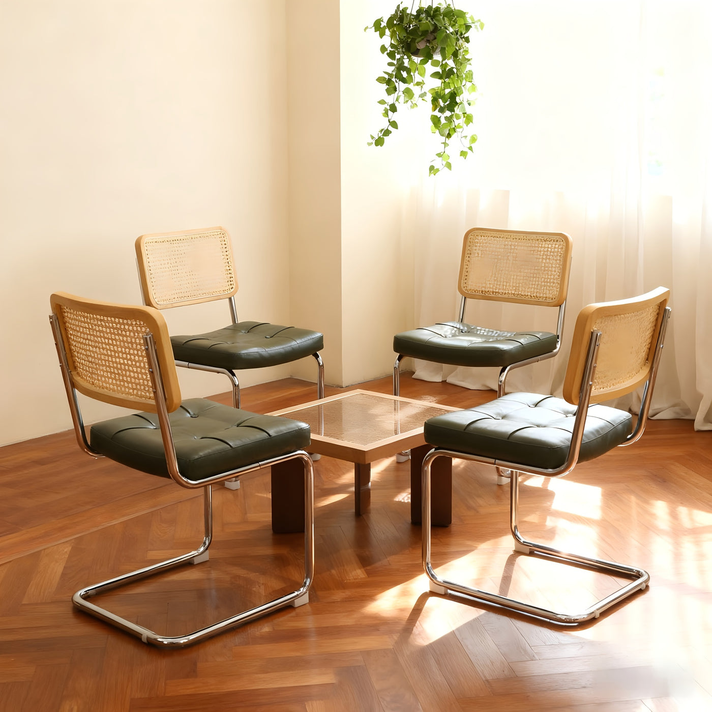 Set of 4 Faux Leather Rattan Dining Chairs, Dark Green
