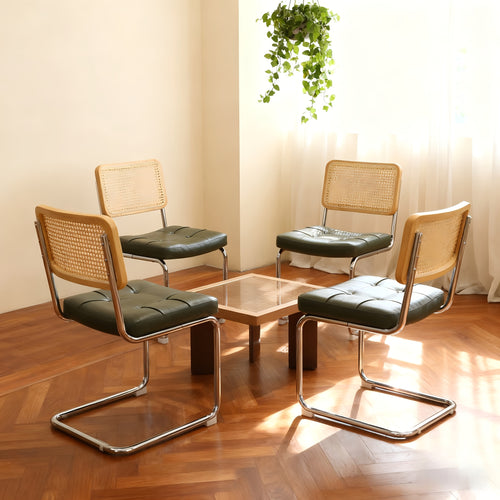 Set of 4 Faux Leather Rattan Dining Chairs, Dark Green