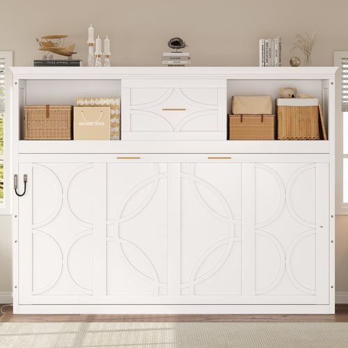 White Twin Size Murphy Bed with Charging Station and Drawer, Solid Pine Wood + MDF
