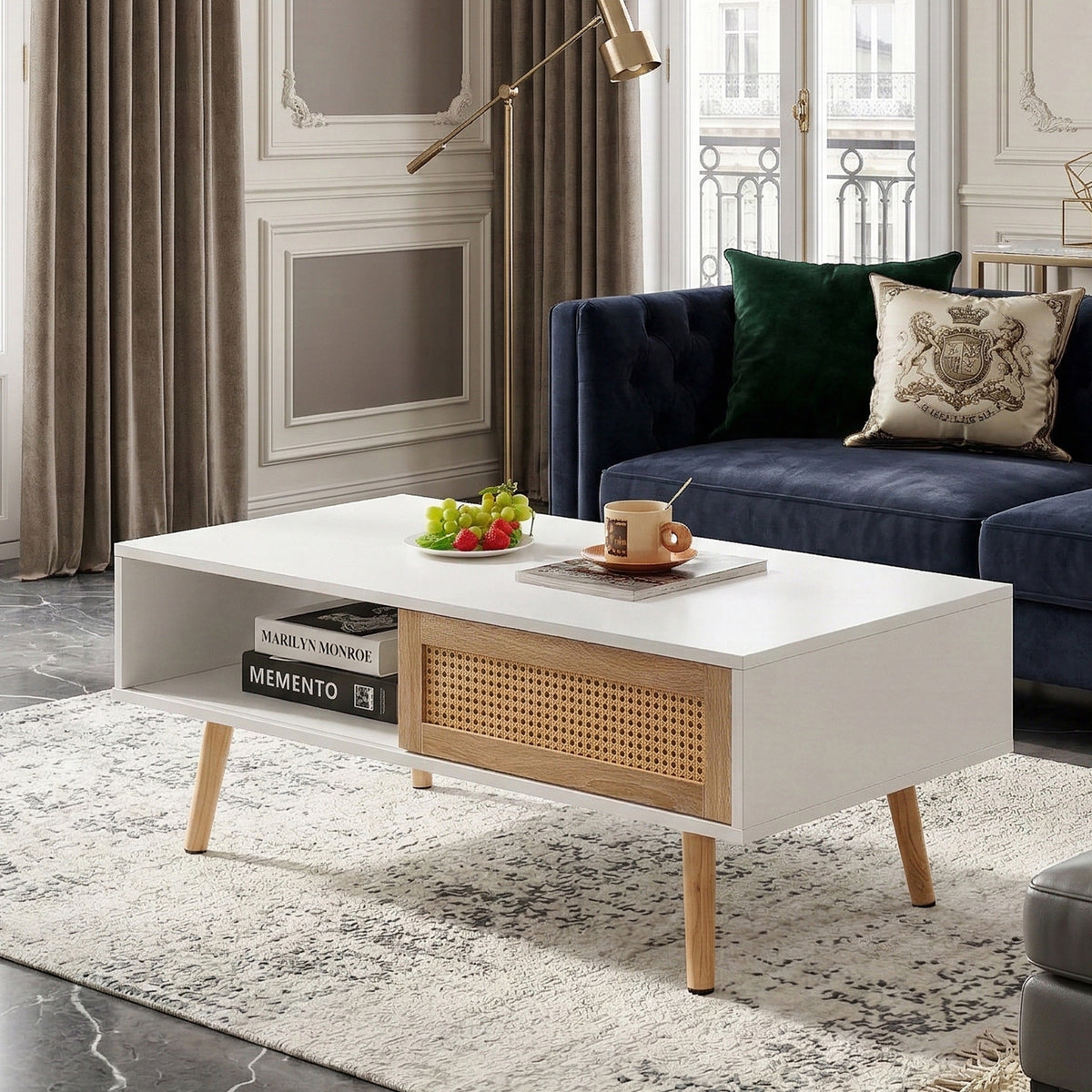 Solid Wood Coffee Table with Storage White