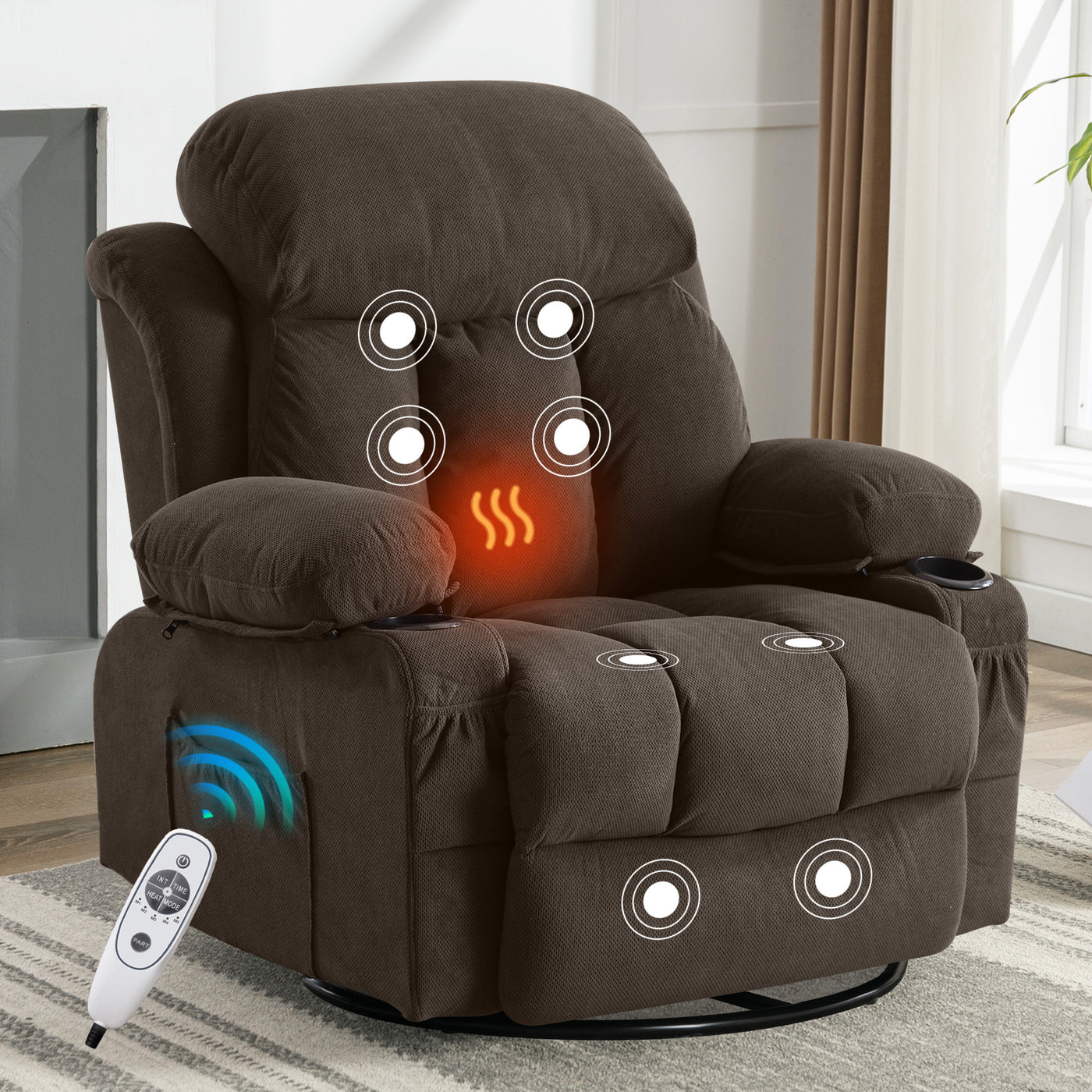 Brown Swinging Massage Recliner Sofa with USB and Cup Holders