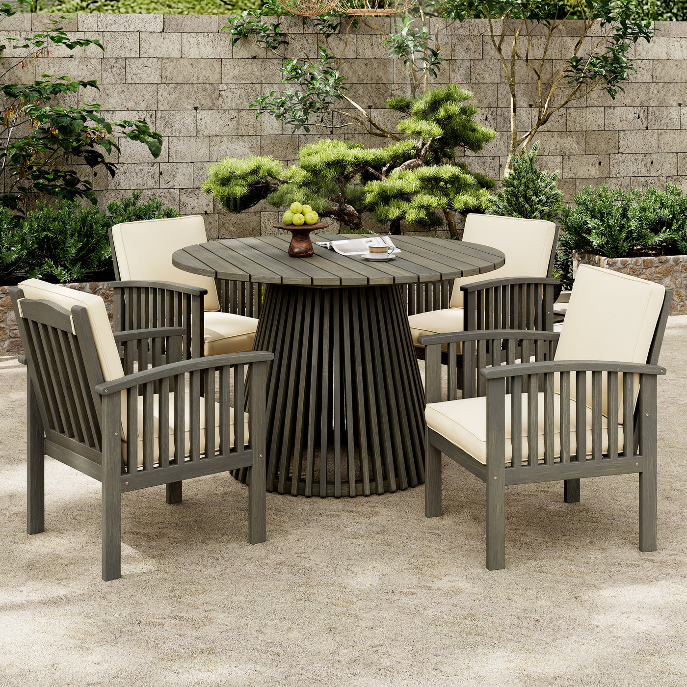 Outdoor Dining Set Acacia Wood Gray 5 Piece 4 Club Chairs Round Table
