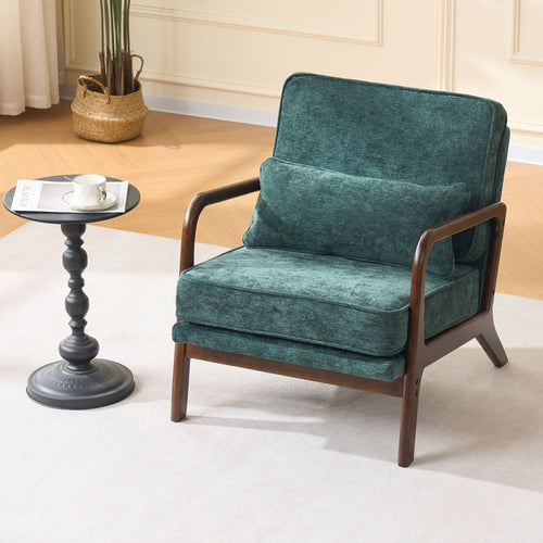 Accent Chair Mid-Century Lounge Dark Green Lumbar Cushion Wood Arms 26x29x30 In
