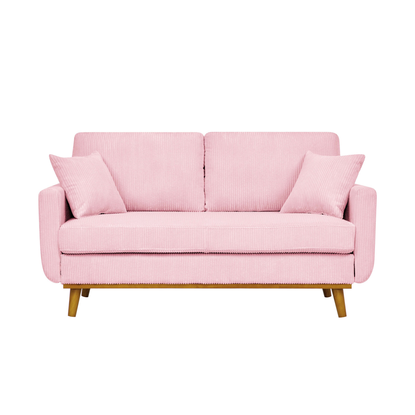 Pink Corduroy Upholstered Wooden Frame Loveseat with Arms and Toss Pillows