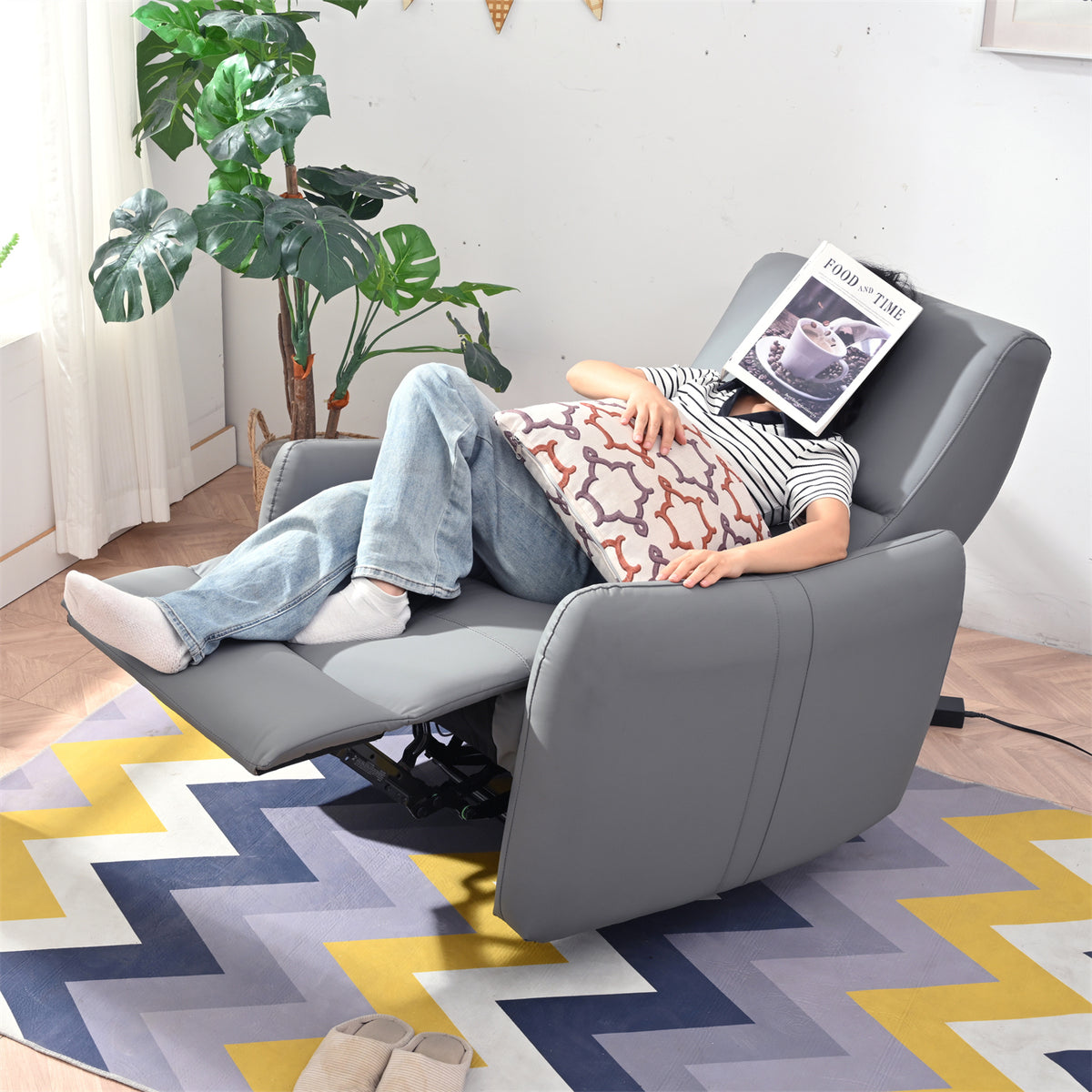 Faux Leather Recliner Power Blue Gray