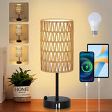 Touch Dimmable Bedside Table Lamp USB Charging Rattan Shade