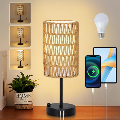 Touch Dimmable Bedside Table Lamp USB Charging Rattan Shade