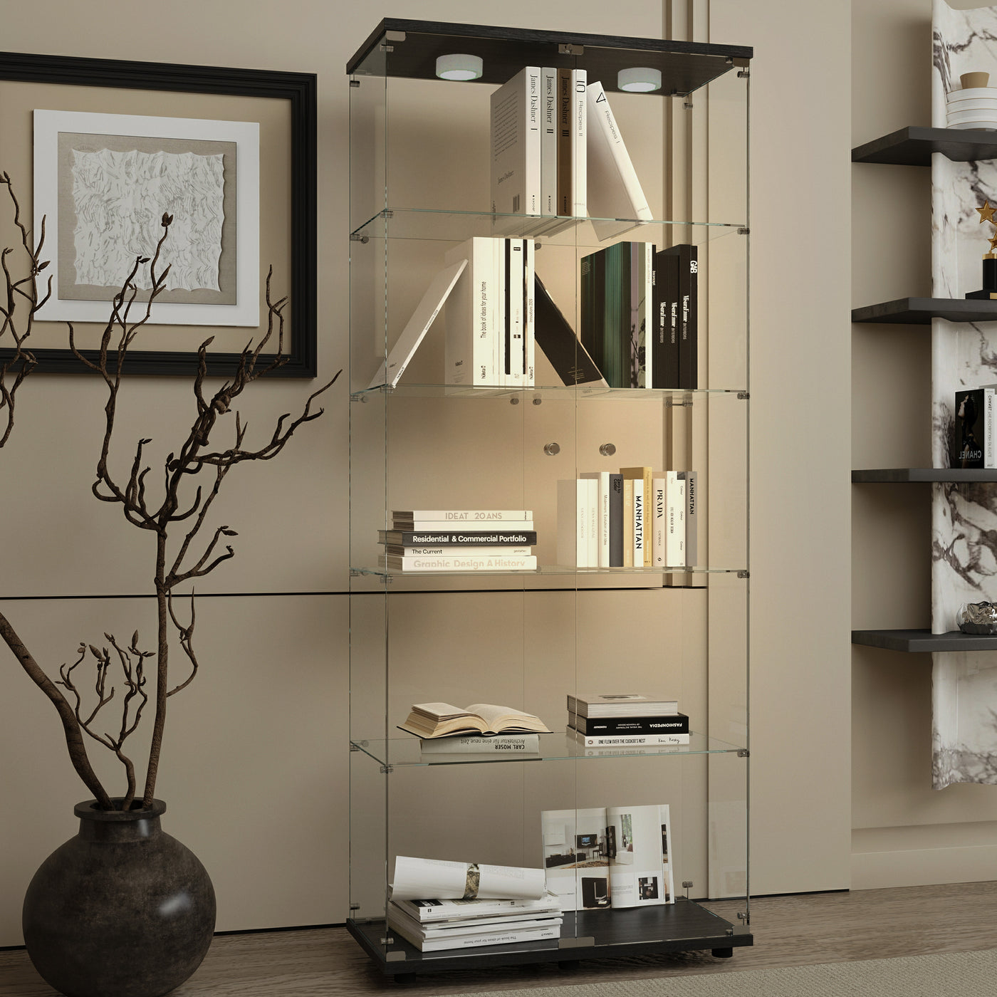 Tempered Glass Display Cabinet with LED Lights and Locks