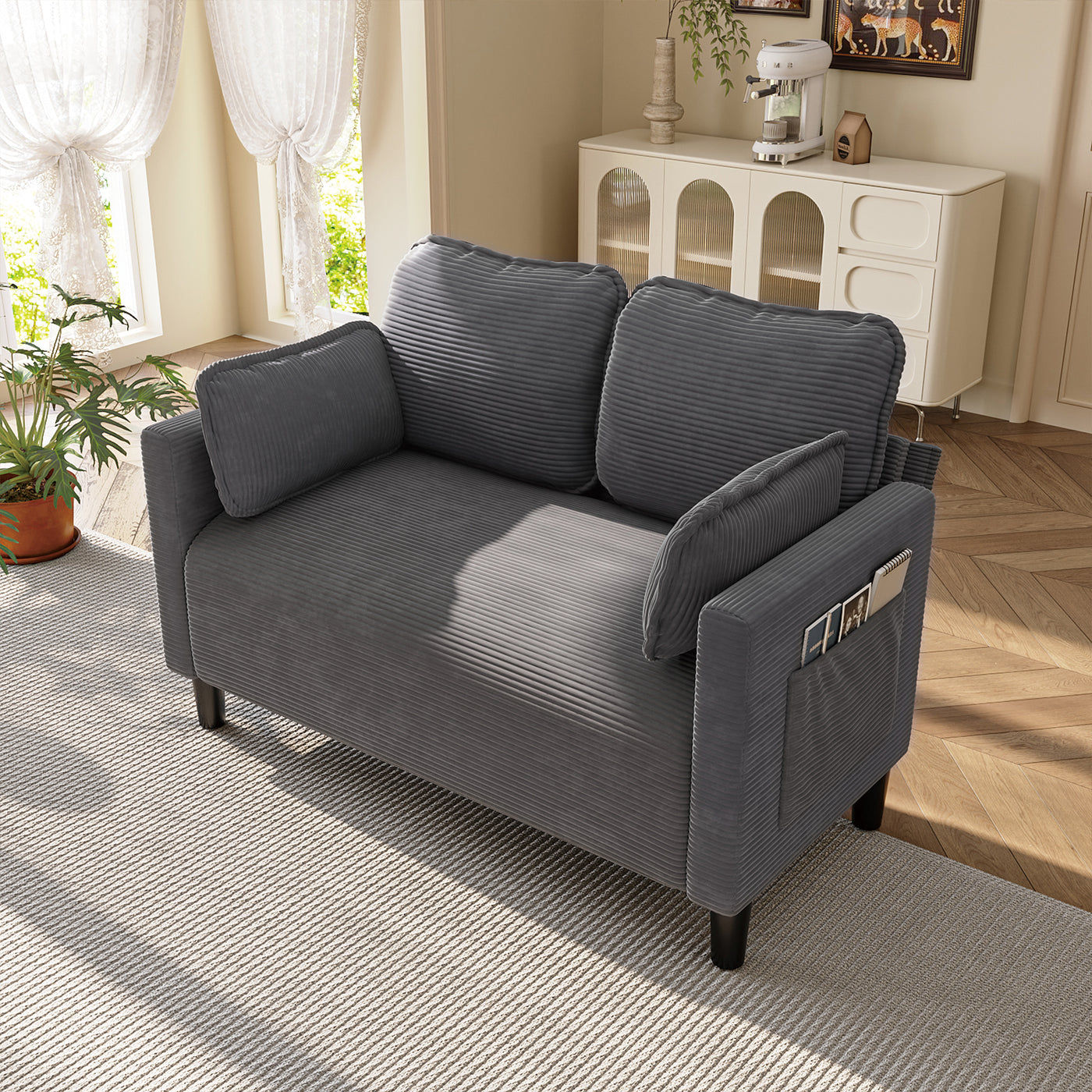 48" Soft Corduroy Loveseat Couch with Storage Pocket