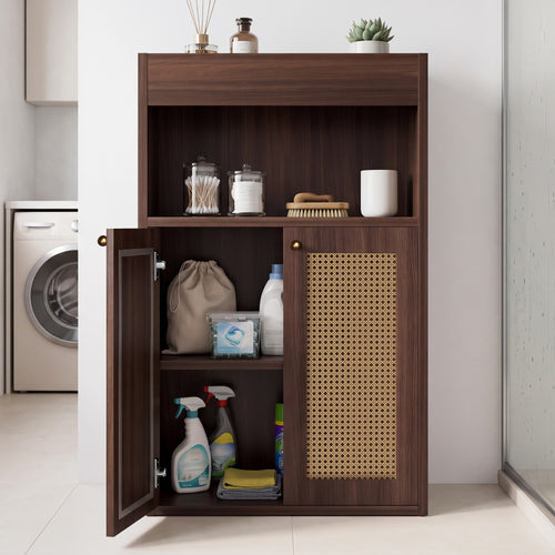 Bathroom Floor Storage Cabinet 2 Rattan Doors Adjustable Shelf