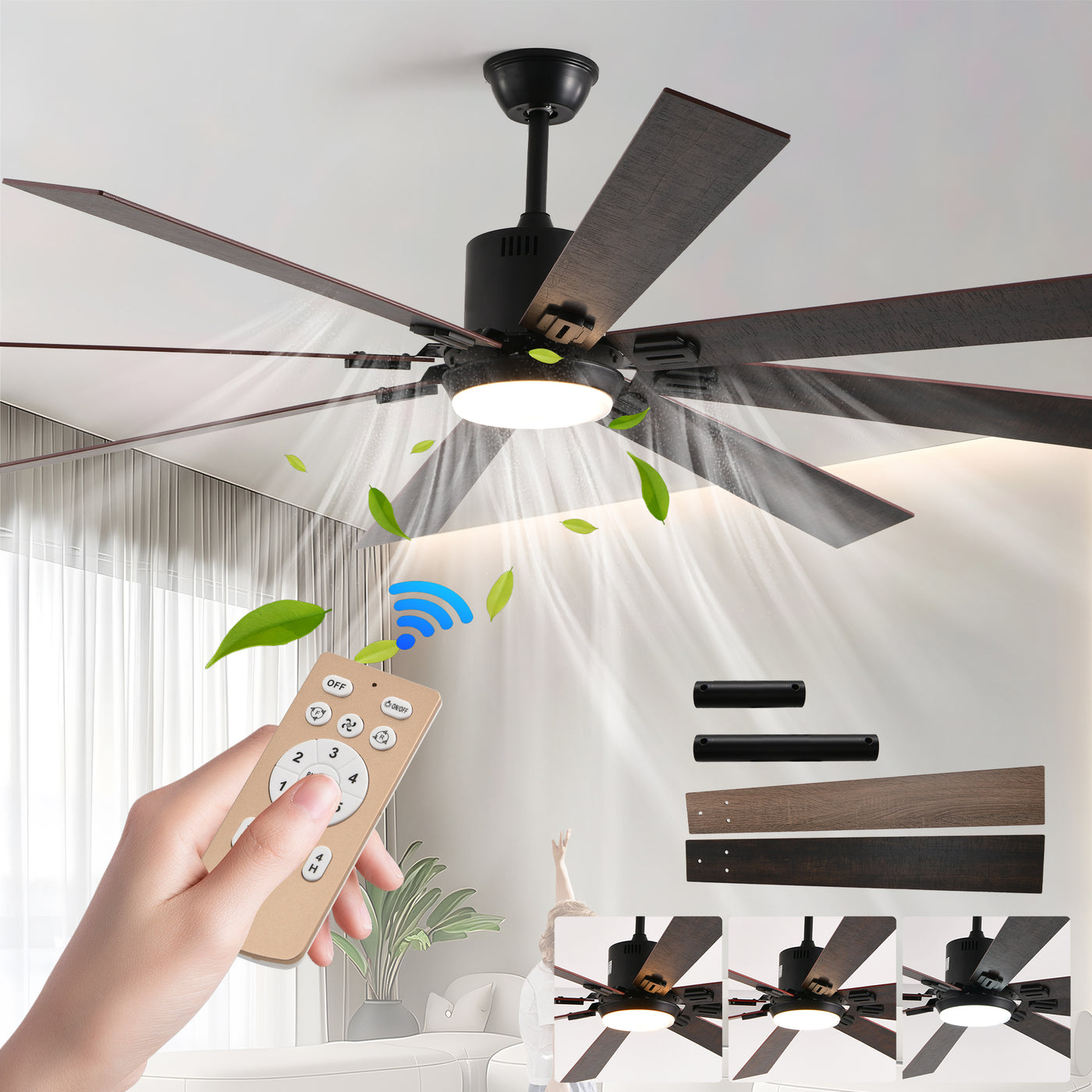 72" Walnut LED Ceiling Fan Light Remote Control 6-Speed