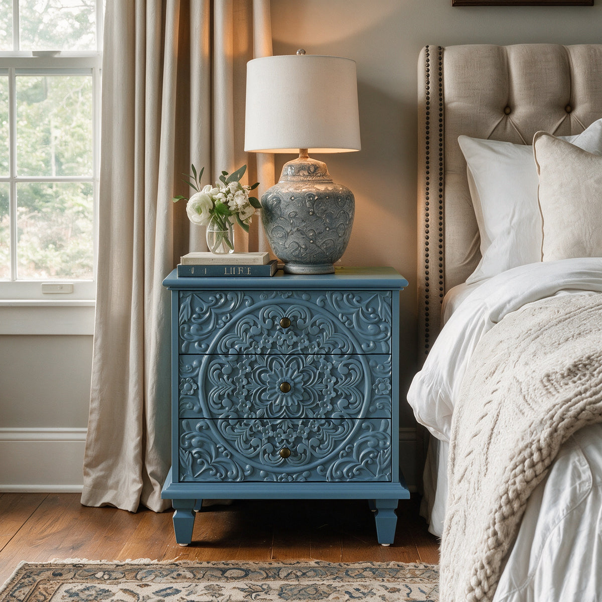 Solid Wood End Table Blue