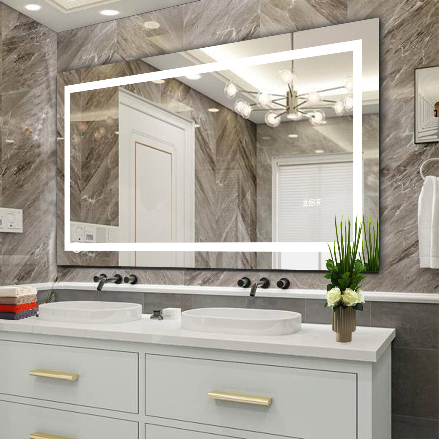 60' x 32' LED Bathroom Mirror with Anti-Fog and Touch Sensor – Modern Frameless Lighted Wall Mirror for Bathroom Vanity, Shower Room, or Dressing Area