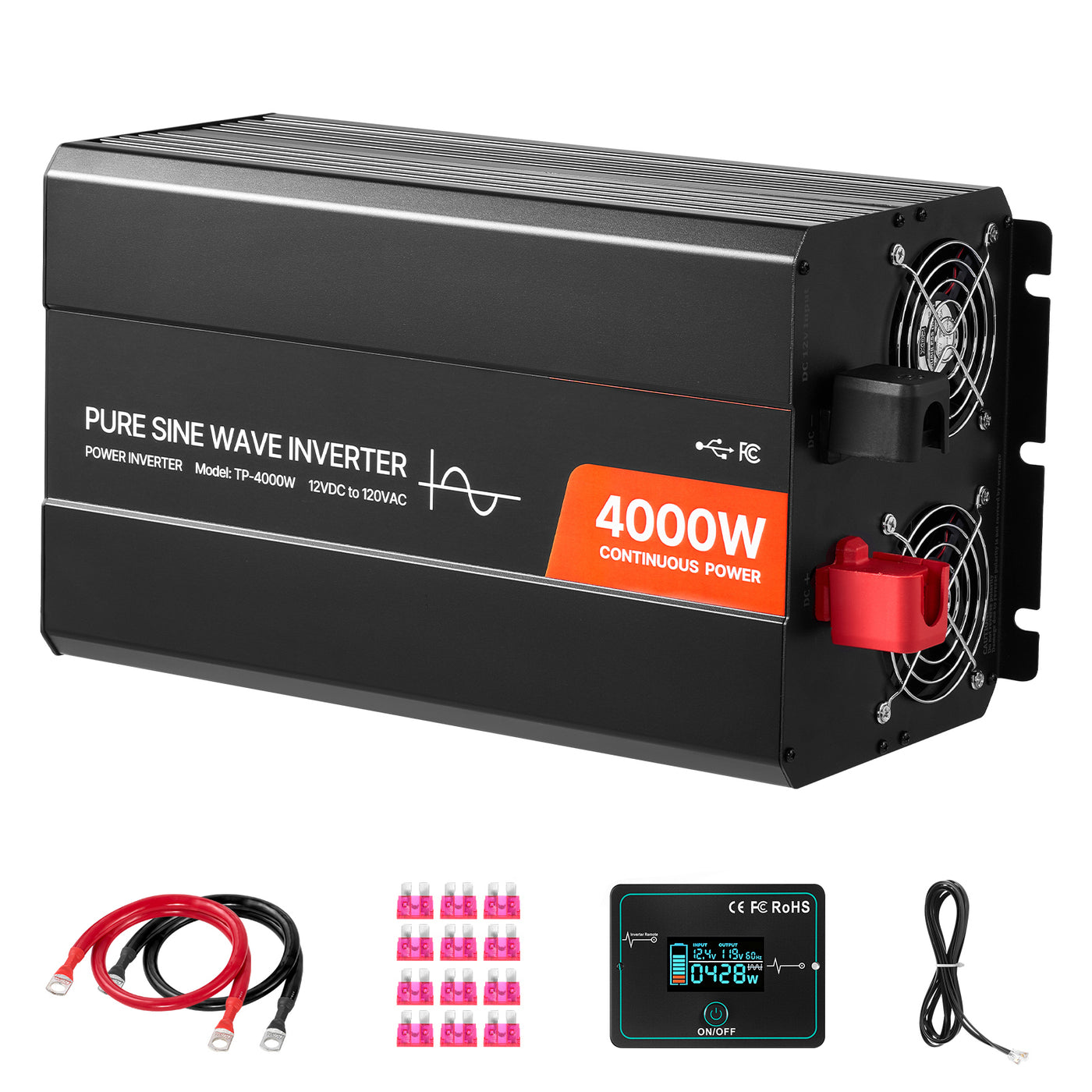 4000W Pure Sine Wave Power Inverter, 12V to 120V, LCD, USB, for RV Truck