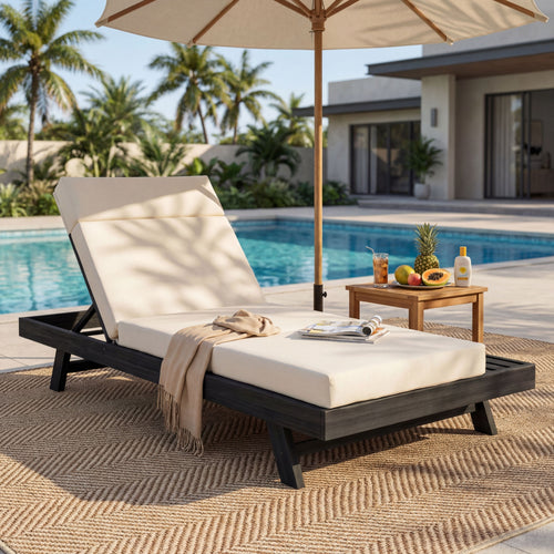 Chaise Lounge Acacia Wood Black 4-Position Cream Cushion 79in