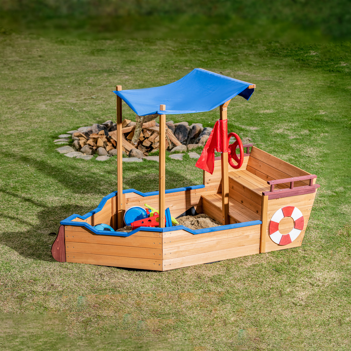 Out door sand box Pirate Ship Sandbox with Cover and Rudder, Wooden Sandbox with