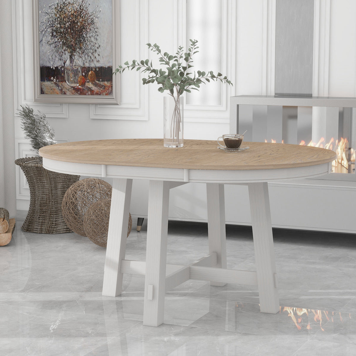 Solid Wood Dining Table Oak Natural/Antique White 60"