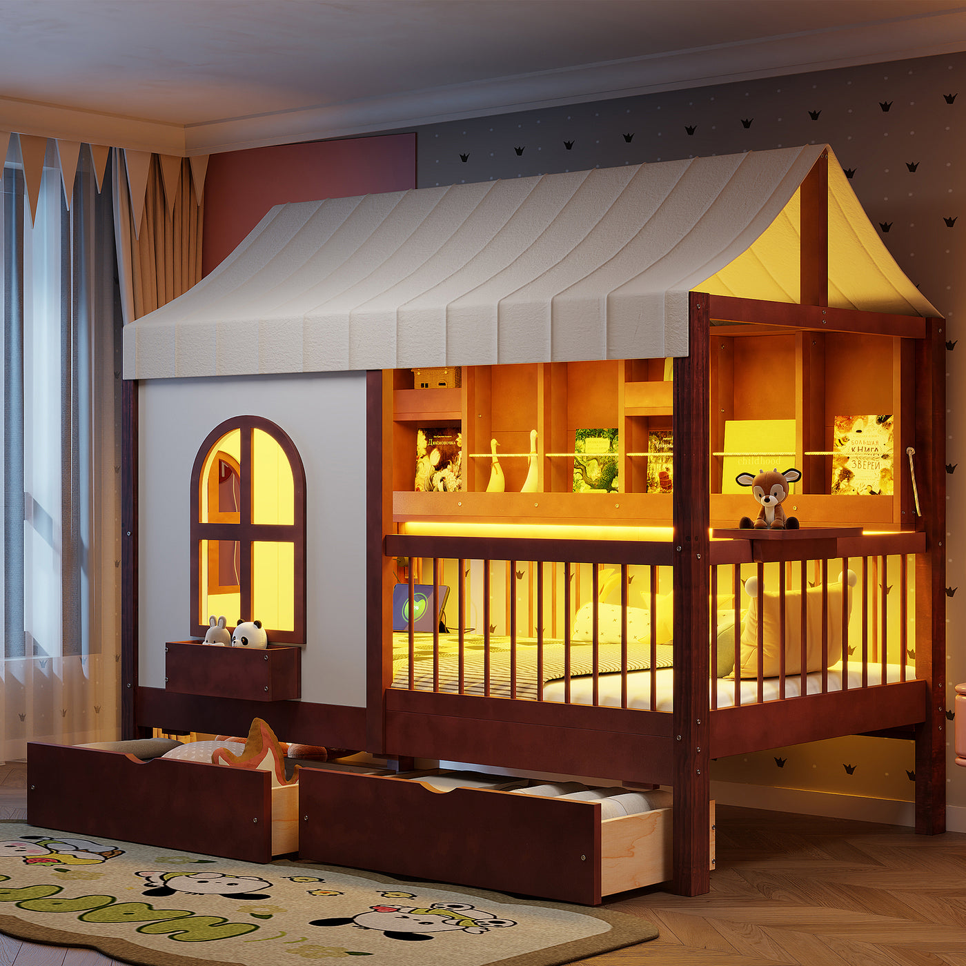 Twin Size House Bed with Drawers, Bookshelf and LED Light