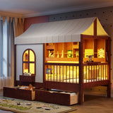 Twin Size House Bed with Drawers, Bookshelf and LED Light