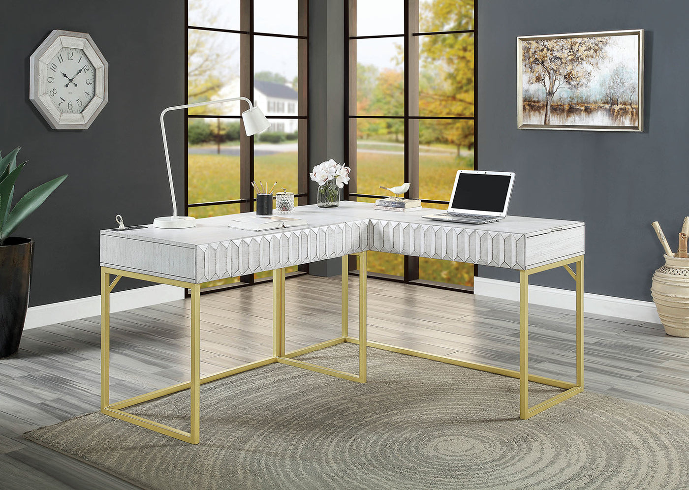 Transitional Two-tone Computer Desk Antique White, USB Port Lift Top Design And Concealed Drawer