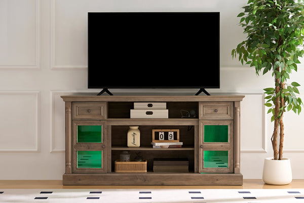 TV Stand Farmhouse Fireplace Gray MDF Roman Column LED Fits 80 In TV