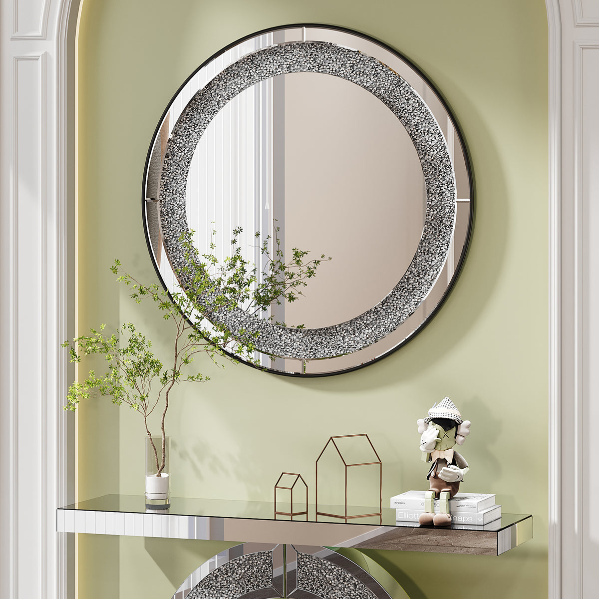 33.46"(85cm)Crystal Crush Diamond Sparkly round Silver Mirror