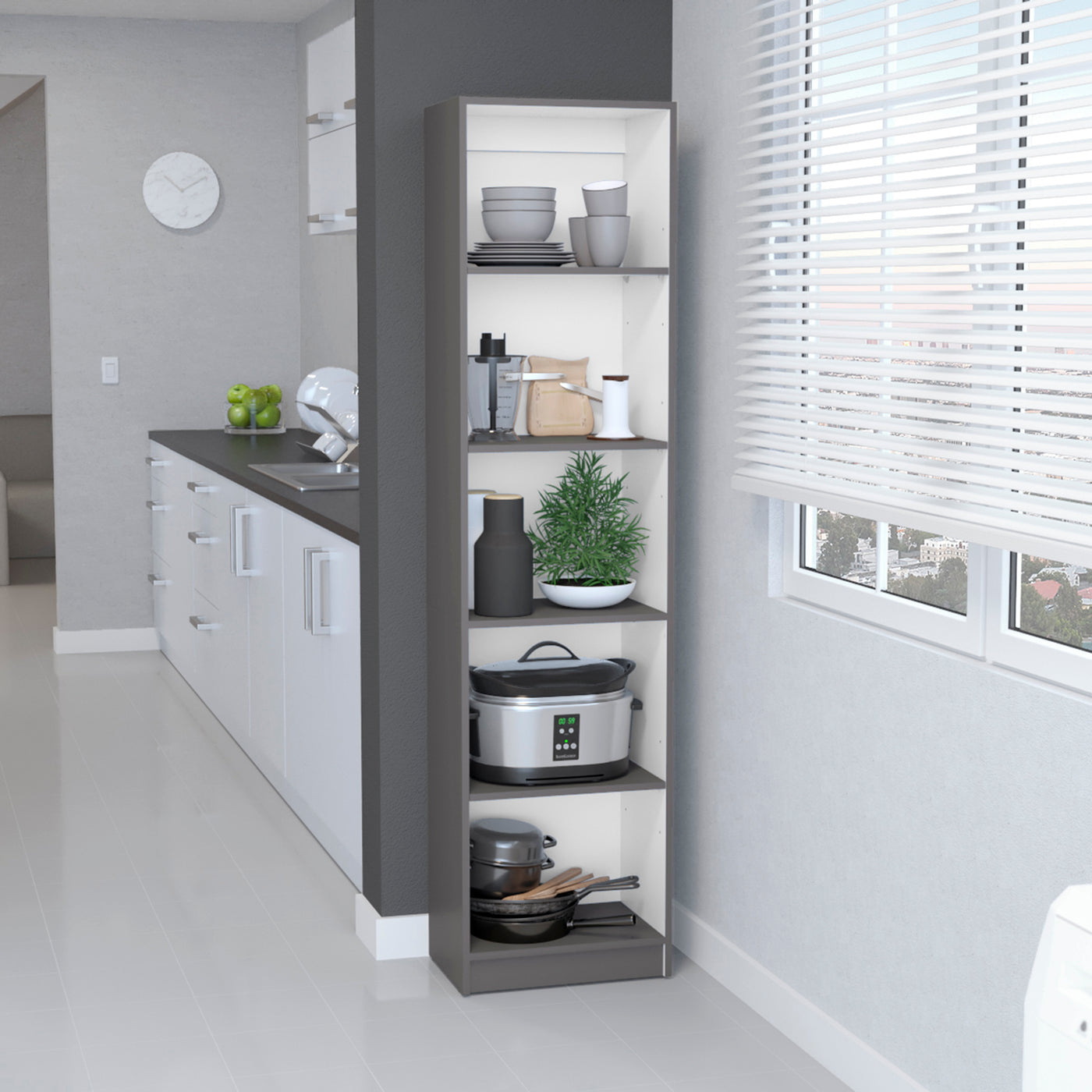 5-Tier Slim Bookcase Matt Gray White Office Shelf Unit
