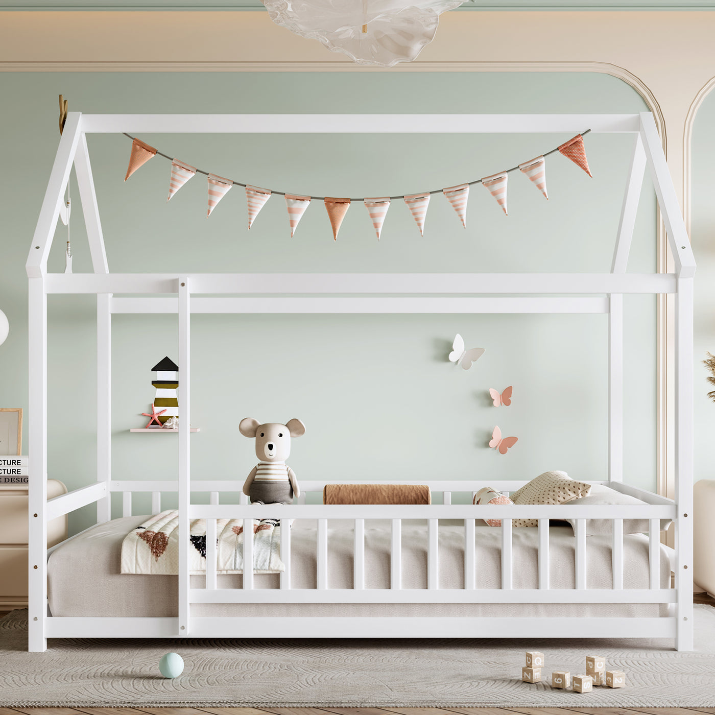 Twin Size Wooden House Bed with Guardrails and Roof