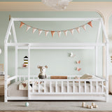 Twin Size Wooden House Bed with Guardrails and Roof