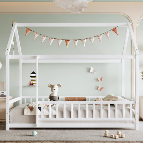 Twin Size Wooden House Bed with Guardrails and Roof