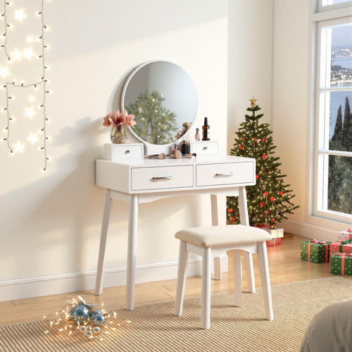 Contemporary Wood Vanity and Stool Set White