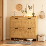 Light Oak Rustic Barn Door Shoe Cabinet 4 Flip Drawers