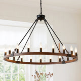 Chandelier Wood Wagon Wheel 20-Light Farmhouse Matte Black 39.3 In