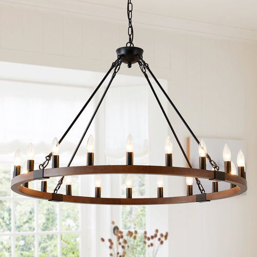 Chandelier Wood Wagon Wheel 20-Light Farmhouse Matte Black 39.3 In