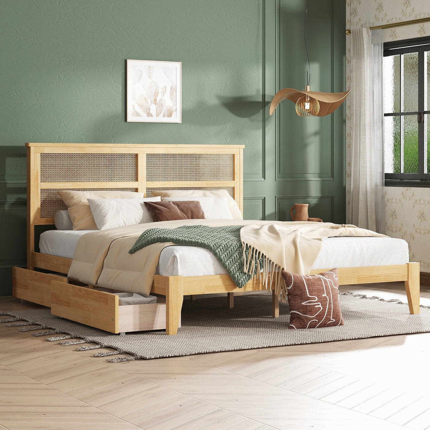 King Size Bed with Rattan Headboard and Storage