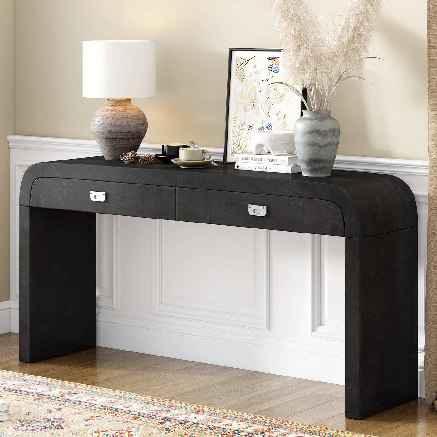 60" Wooden Console Table with Drawers and Metal Handles