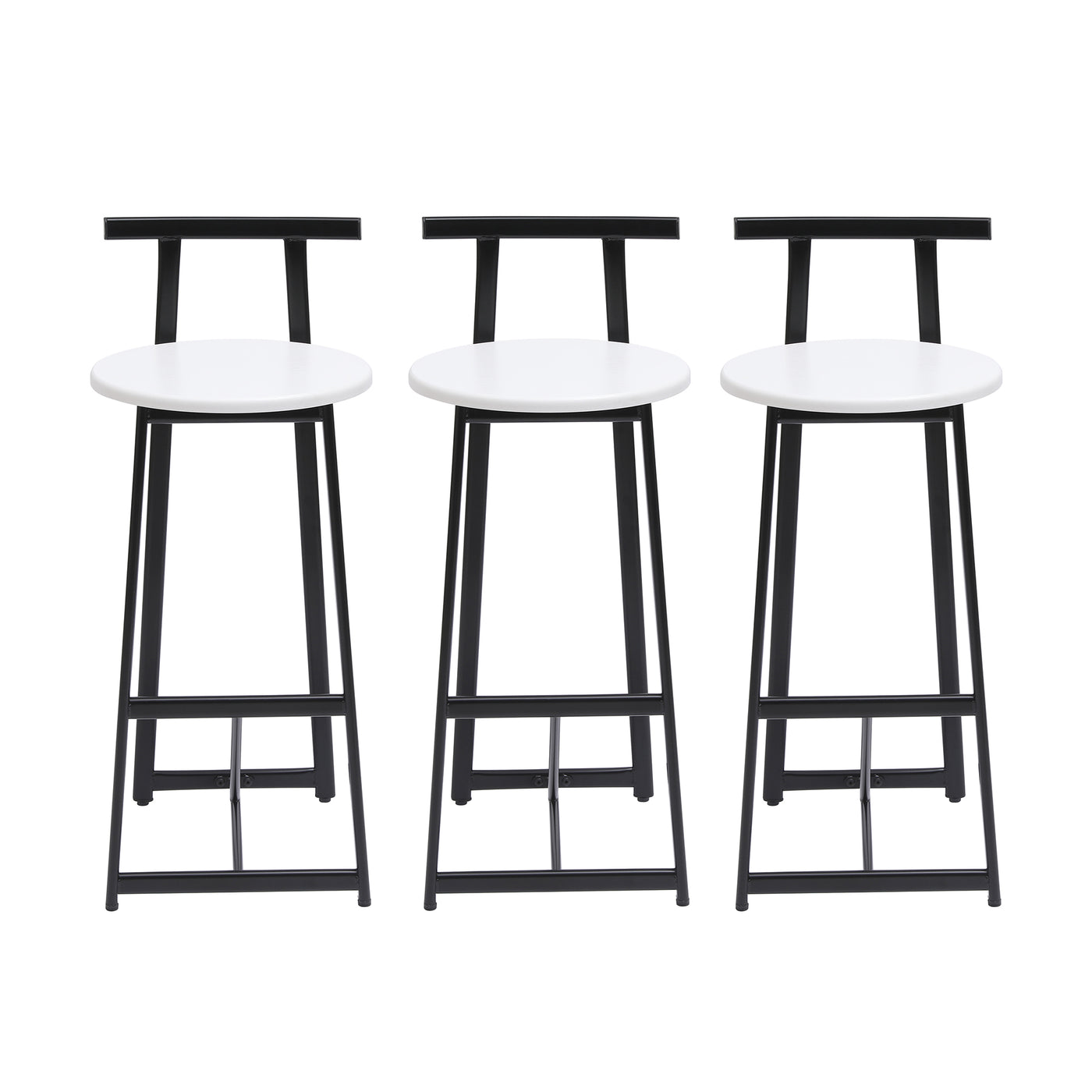 Set of 3 Modern Bar Stools with Backrest, Metal Frame, Black