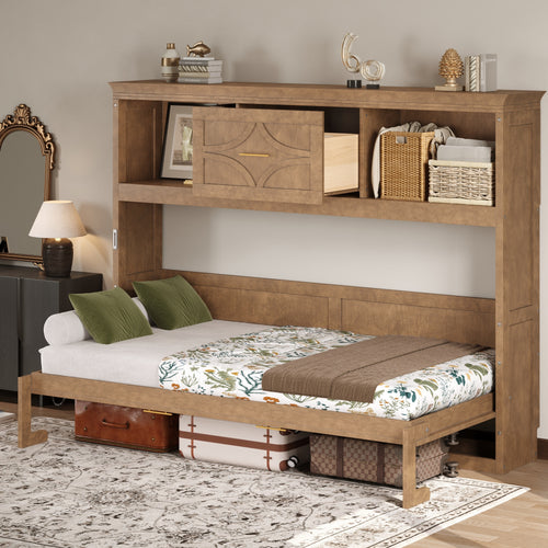 Twin Size Murphy Bed with Charging Station and Drawer in Wood Color, Solid Pine Wood + MDF