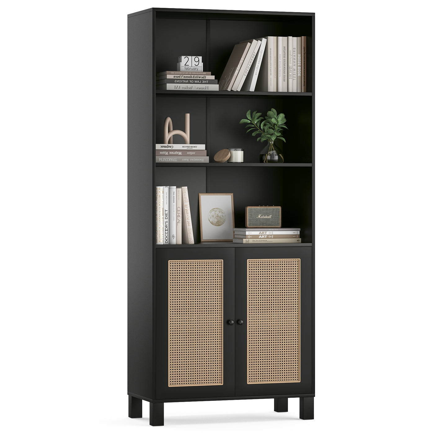 Tall 5-Tier Rattan Door Bookcase Storage Cabinet Black